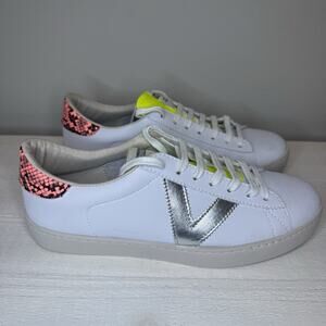 NEW Victoria Womens Berlin Low Top Leather Silver Coral White Sneakers Size 10